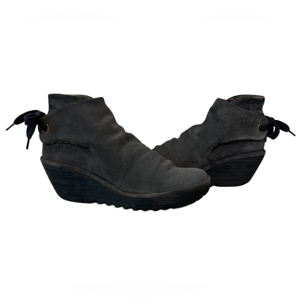 Fly London Yama Wrap Gray Suede Wedge Booties Size 40‎